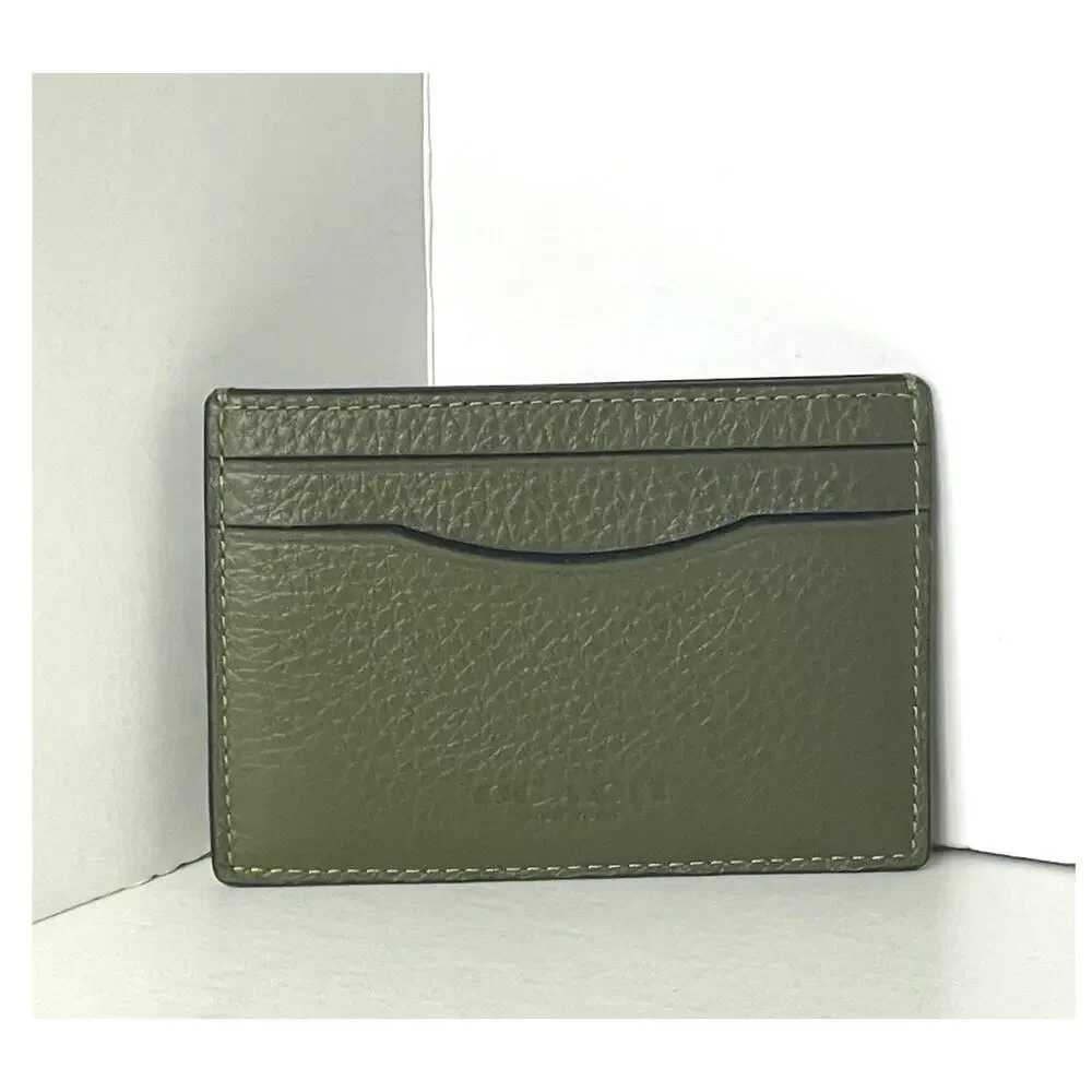 Coach Card Case Money Clip Olive Green Crossgrain Leather Mens CDC79